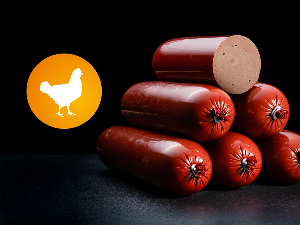 AktivDog schnittfeste Trainingswürste Poulet aus aus Schweizer Huhn liegen pur auf einem dunklen Untergrund